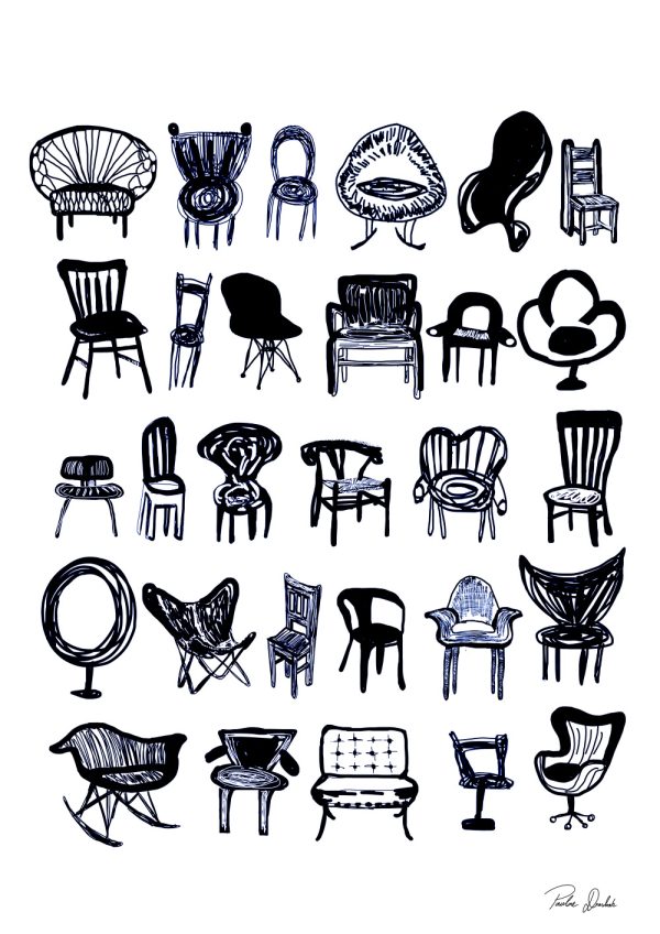 Pauline Drasbæk Illustration Stole design museum københavn designstole 7'er stolen flagermusstolen butterfly svanen ægget børge mogensen